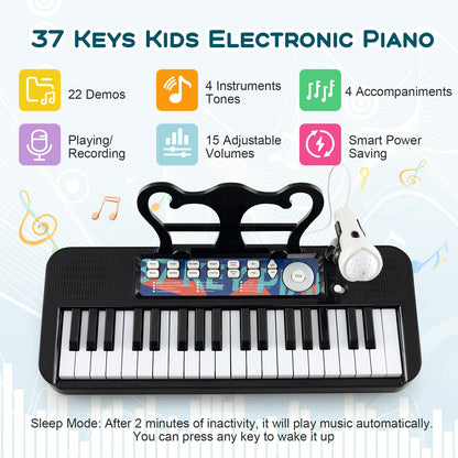 Kids Piano Keyboard 37-Key Kids Toy Keyboard Piano with Microphone for 3+ Kids, Black