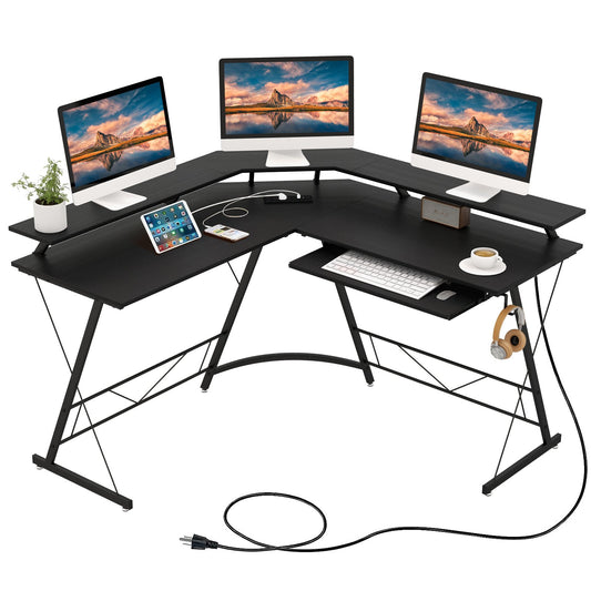 L-shaped Computer Desk with Power Outlet and Monitor Stand, Black