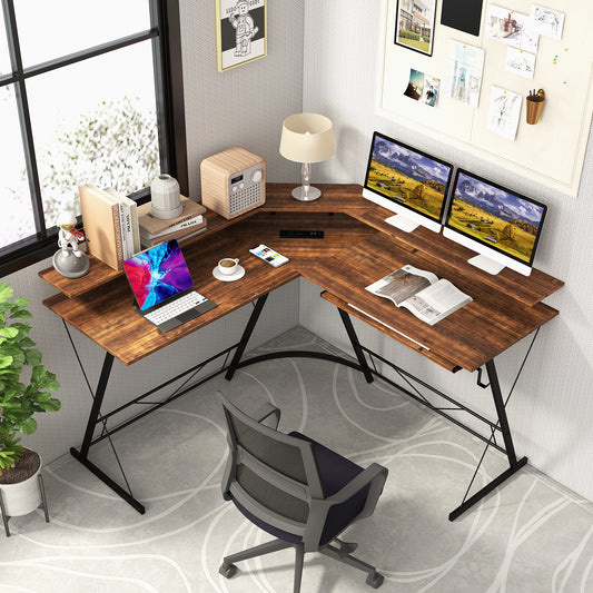 L-Shaped Computer Desk With Power Outlet, Monitor Stand, Rustic Brown L-Shaped Desks Rustic Brown at Gallery Canada