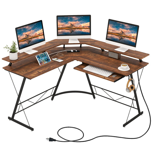 L-shaped Computer Desk with Power Outlet and Monitor Stand, Rustic Brown