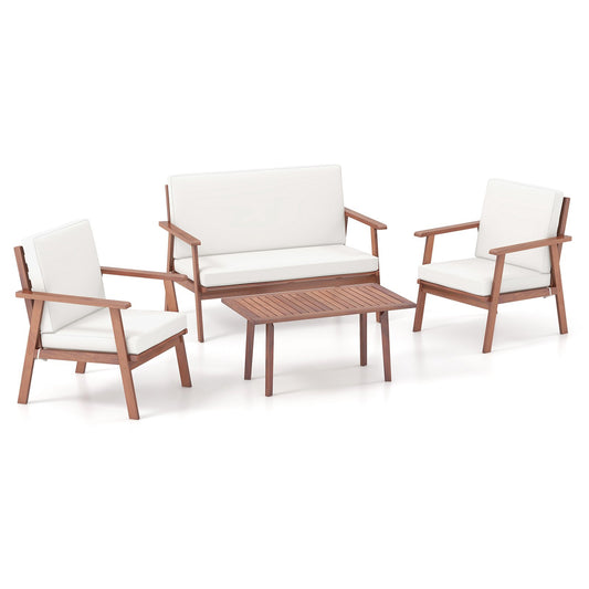 4 Piece Outdoor Acacia Wood Conversation Set with Soft Seat and Back Cushions, White