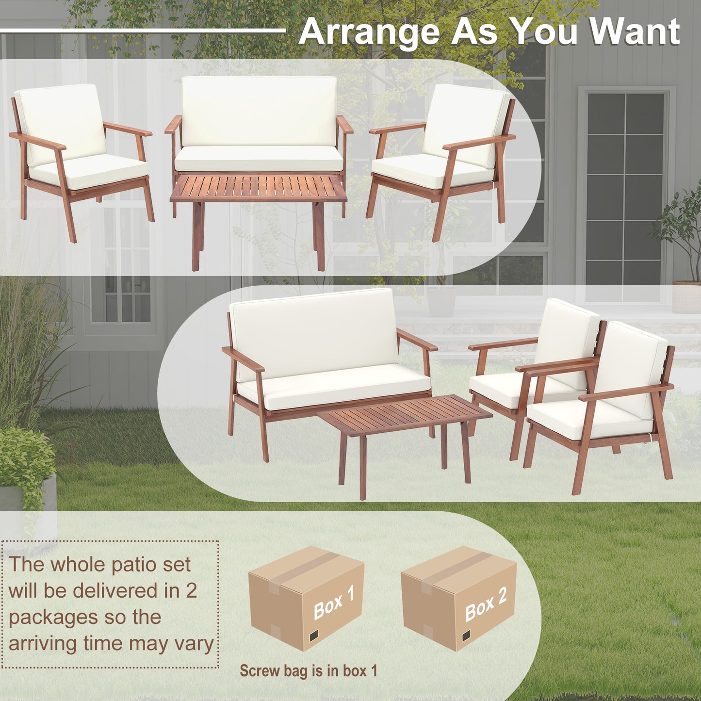 4 Piece Acacia Wood Outdoor Conversation Set, White Patio Conversation Sets at Gallery Canada