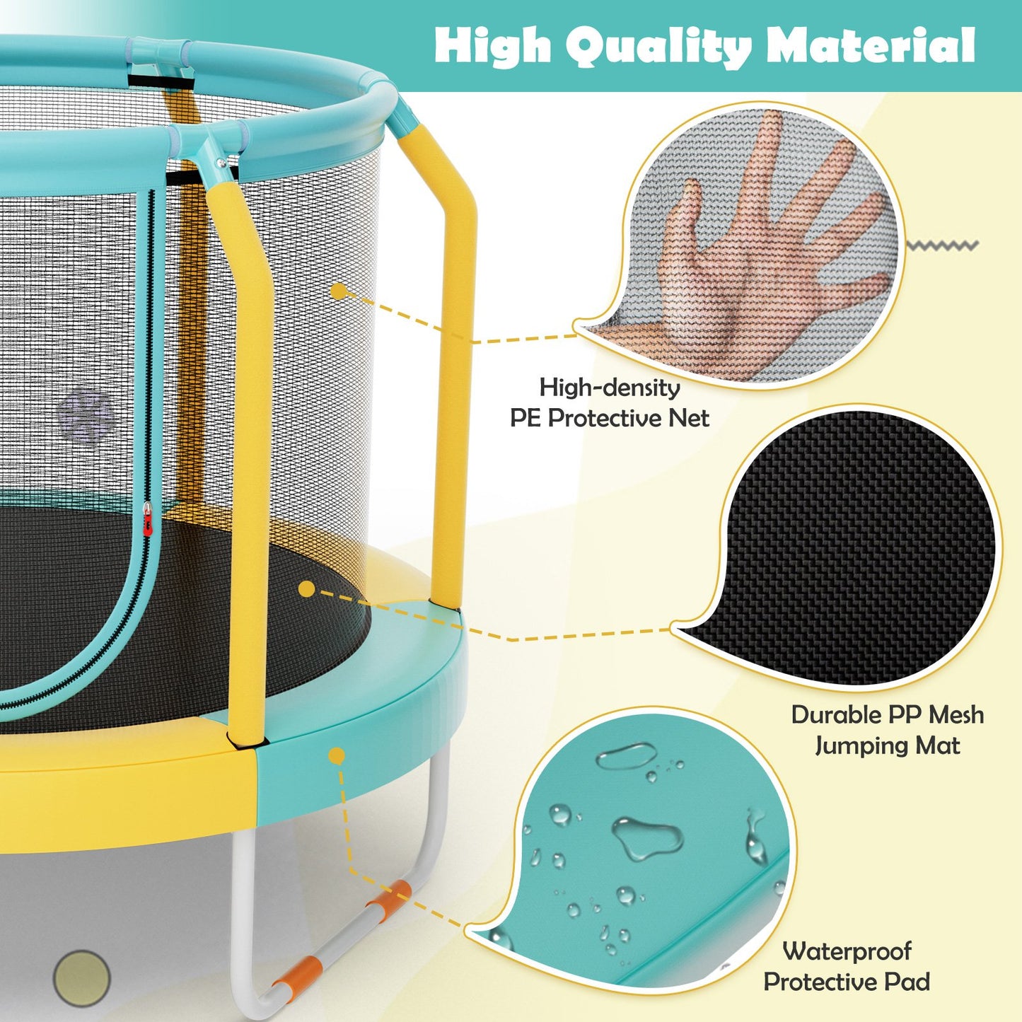 Mini Trampoline with Enclosure and Heavy-duty Metal Frame, Yellow