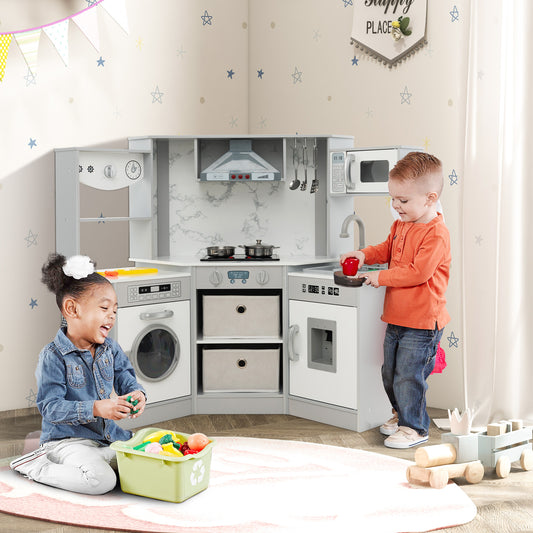 Wooden Kids Play Kitchen Playset, Realistic Lights And Sounds, Gray Play Kitchen Sets Gray at Gallery Canada