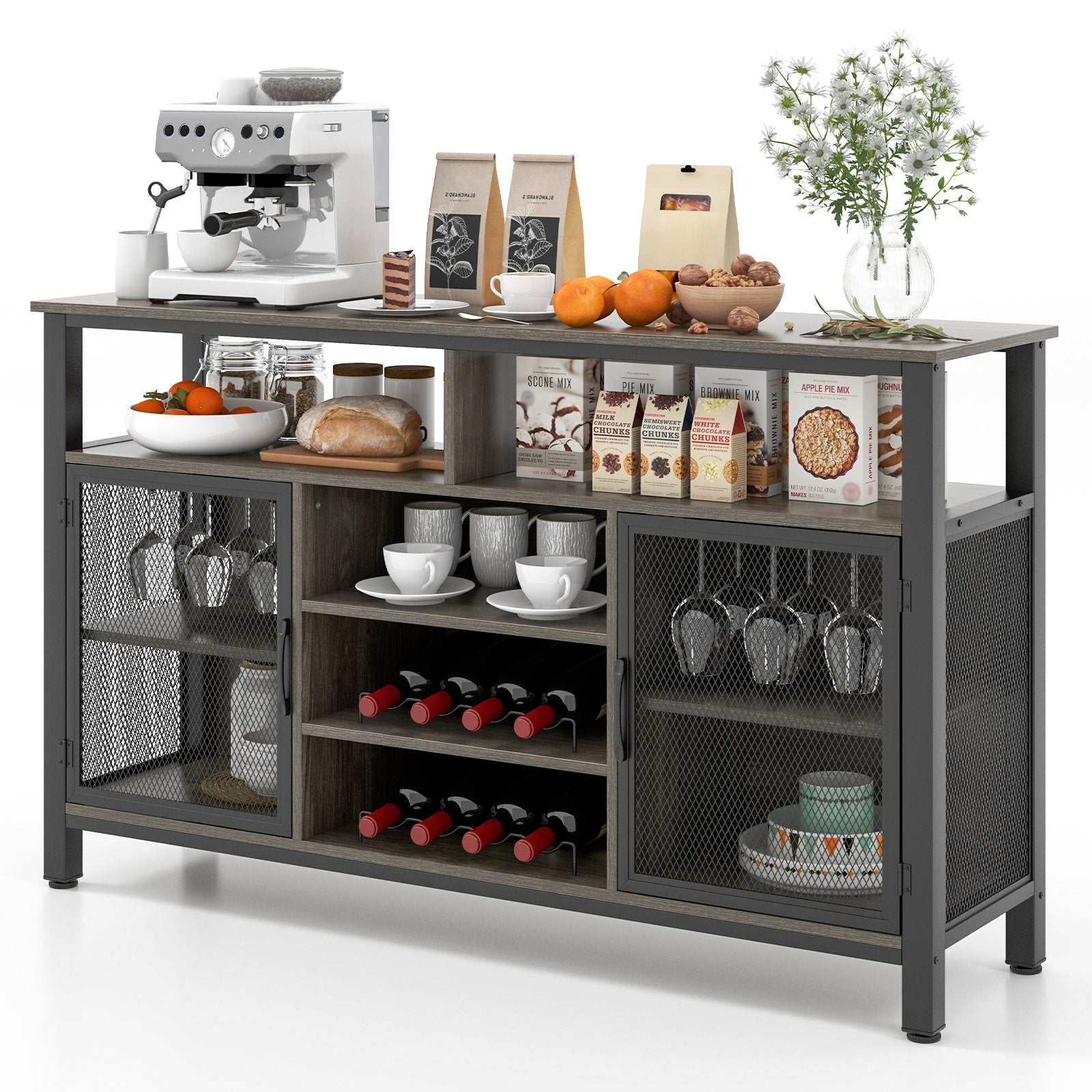 55-Inch Buffet Sideboard with 8-Bottle Wine Racks and Wine Glass Holders, Gray at Gallery Canada