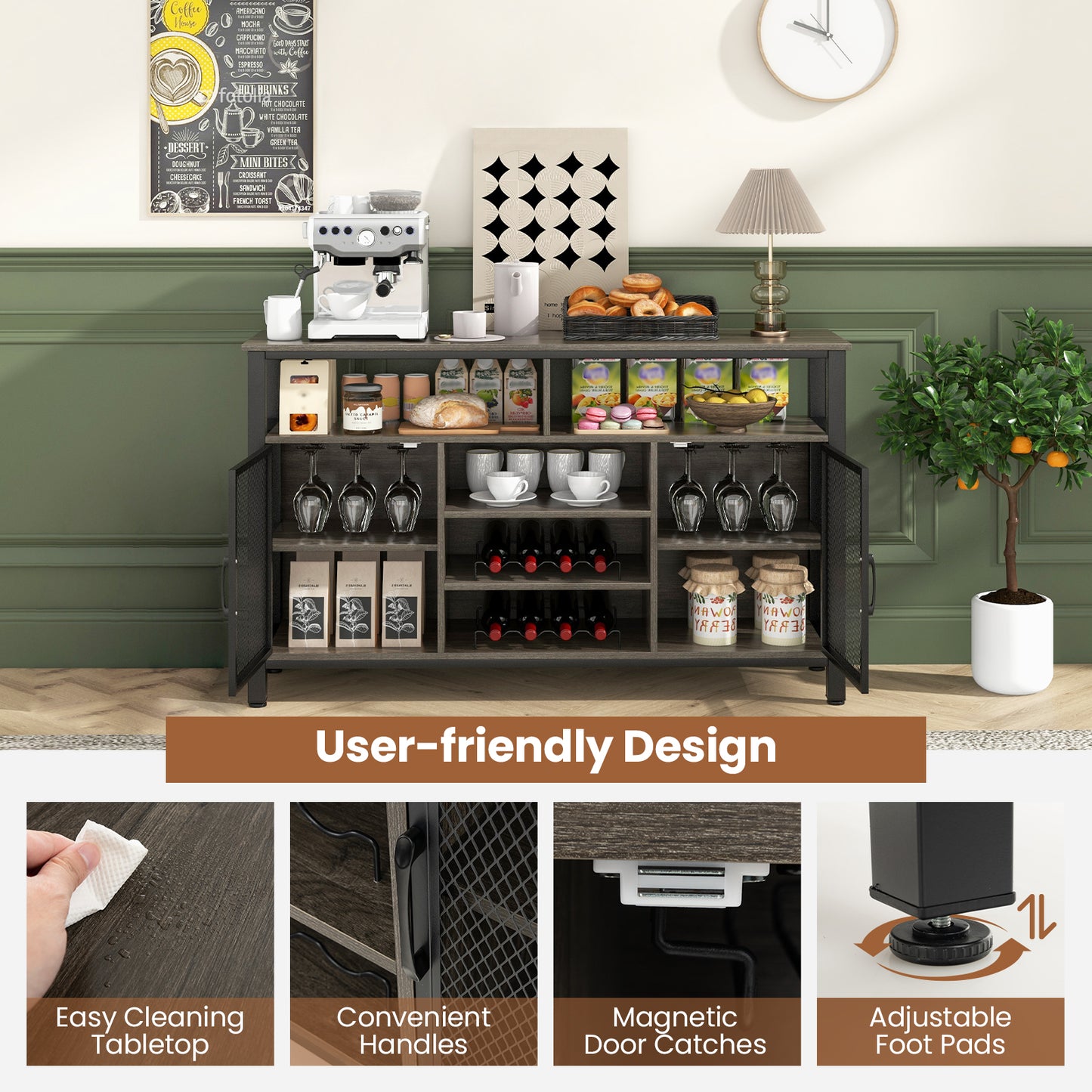 55-Inch Buffet Sideboard, 8-Bottle Wine Racks, Glass Holders, Gray Sideboards Cabinets & Buffets at Gallery Canada