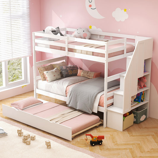 Home Wood Bunk Bed with Guard Rail and 4-step Storage Stairs No Box Spring Needed, White Bunk Bed Frame White at Gallery Canada