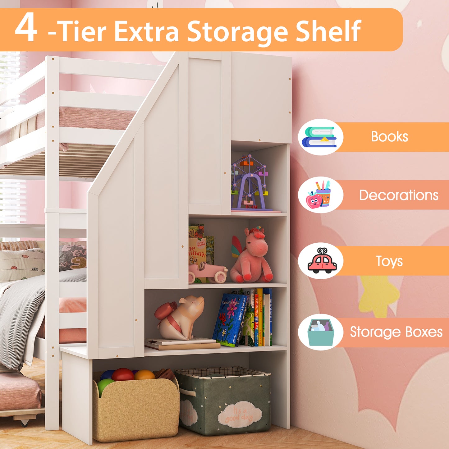 Wood Bunk Bed With Guard Rail, Storage Stairs, White Bunk Bed Frame at Gallery Canada