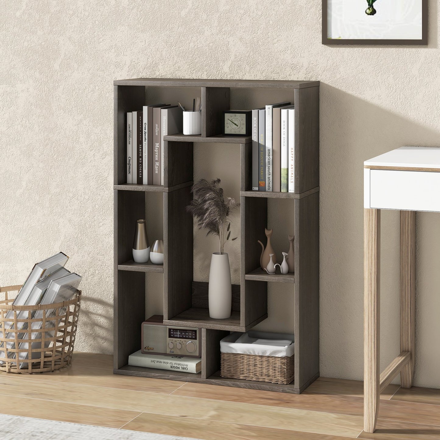 7-Cube Geometric Bookshelf Modern Decorative Open Bookcase, Gray