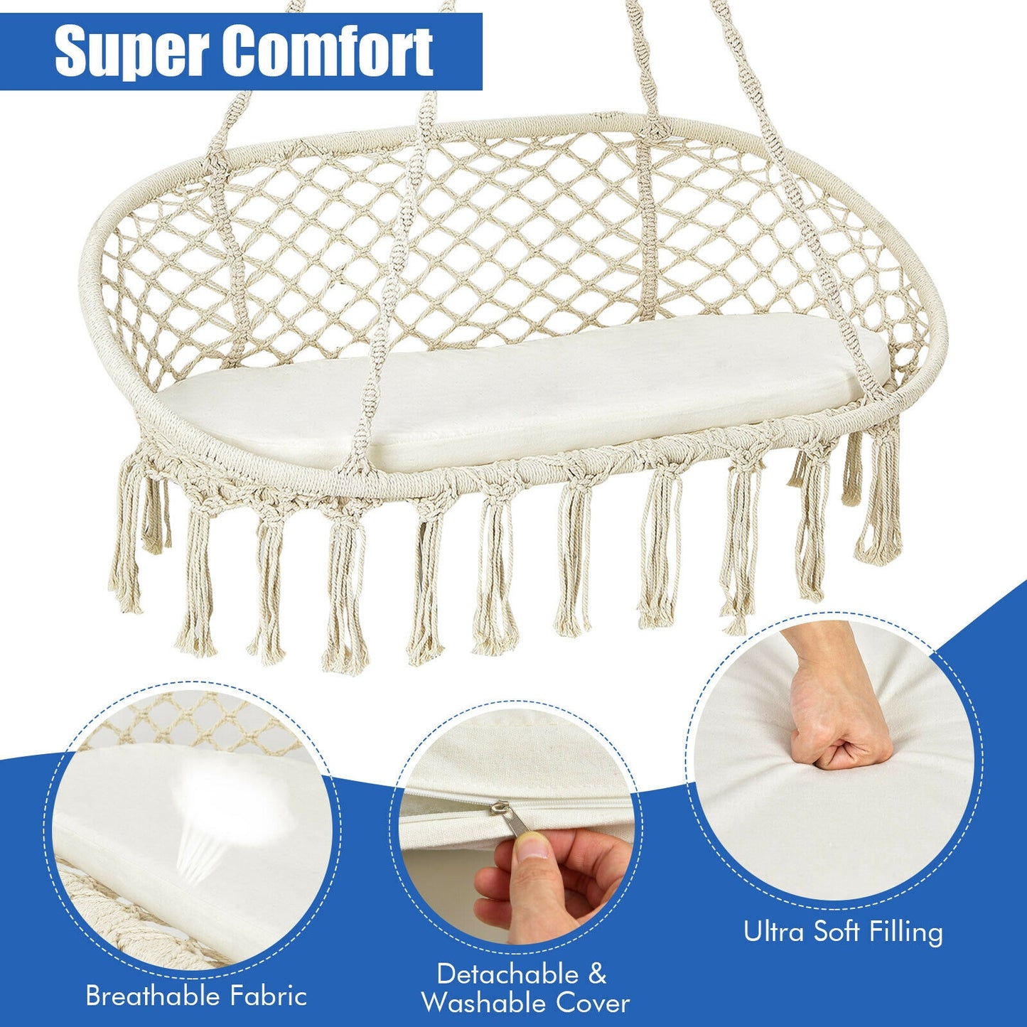 2 Person Hanging Hammock Chair with Cushion Macrame Swing, Beige Hammocks at Gallery Canada