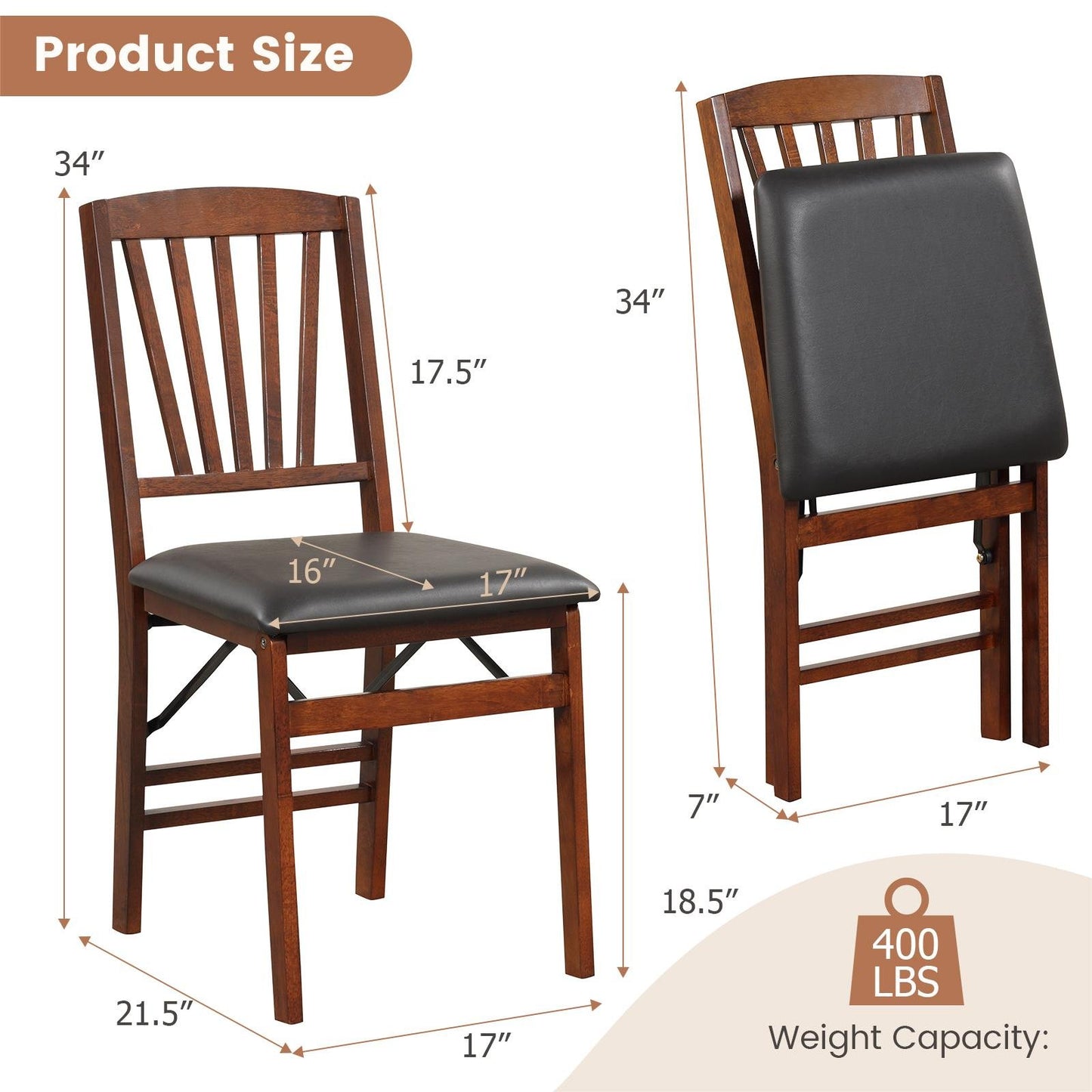 Set of 2 Folding Chairs with Padded Seat and Rubber Wood Frame, Brown
