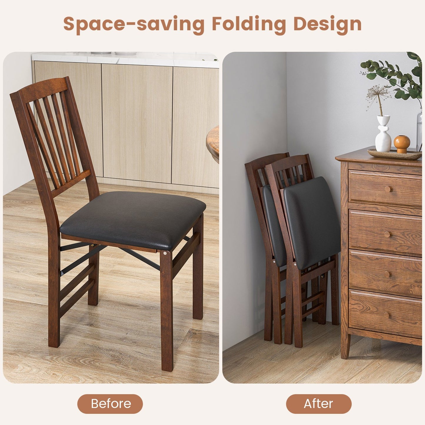 Set of 2 Folding Chairs with Padded Seat and Rubber Wood Frame, Brown