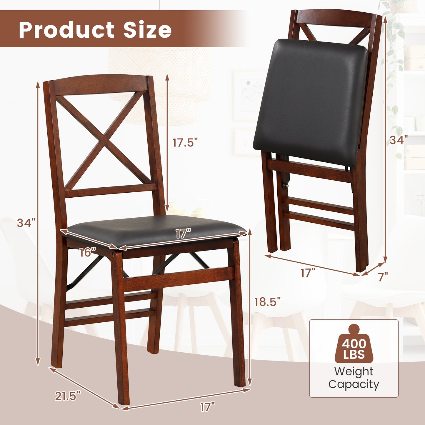 Set of 2 Folding Dining Chairs with 400 LBS Capacity, Brown