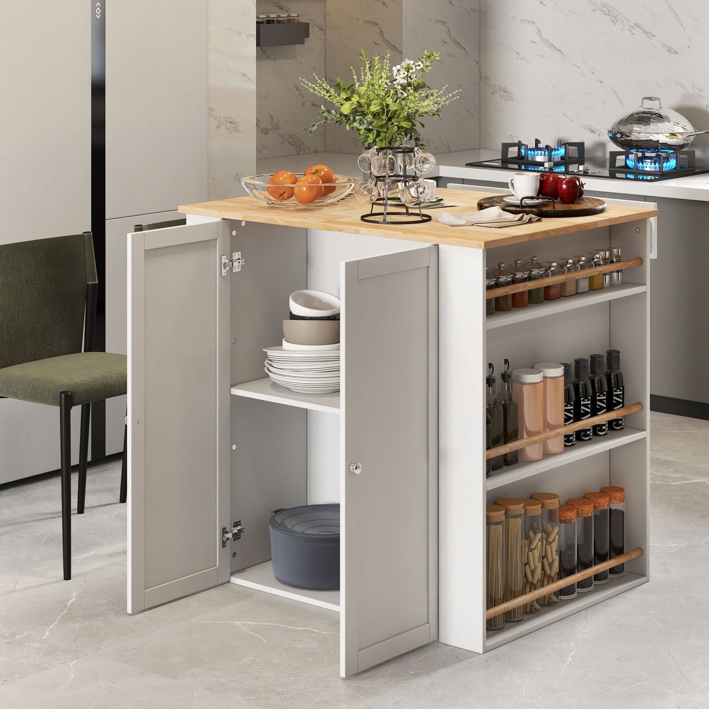 Modern Kitchen Island with Rubber Wood Countertop and Storage, White