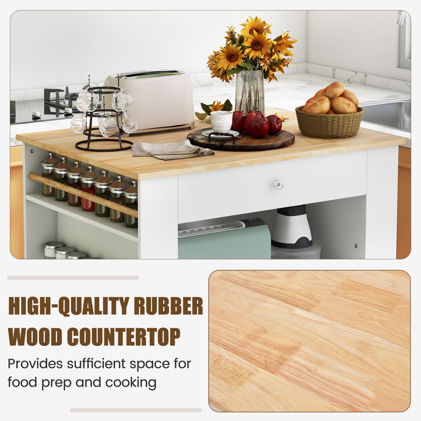 Modern Kitchen Island, Rubber Wood Countertop, White Kitchen Islands & Carts at Gallery Canada