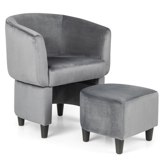 Upholstered Velvet Barrel Chair with Ottoman-Grey, Gray