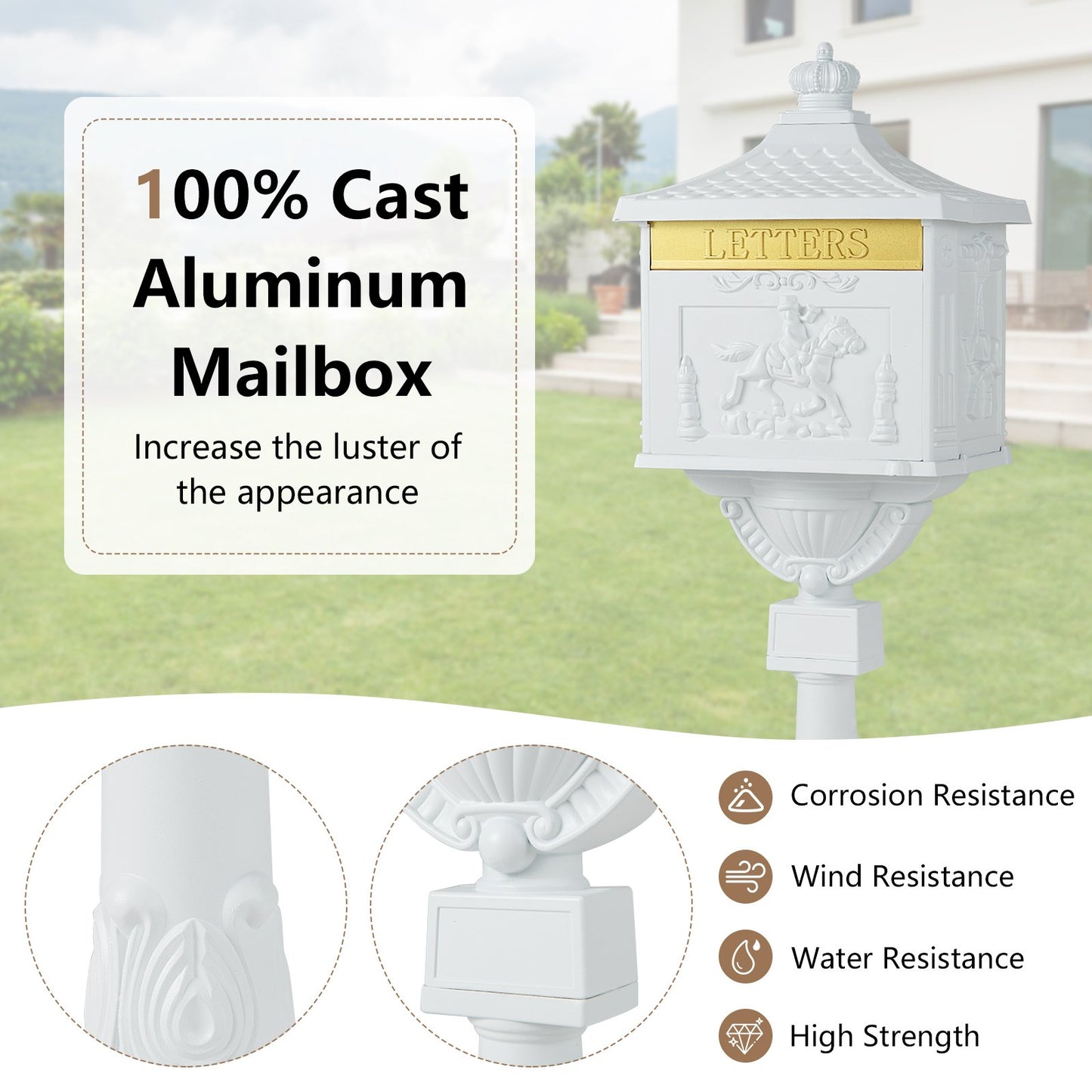 Retro Cast Aluminum Mailbox Security Postal Letter Box with Baffle Door, White