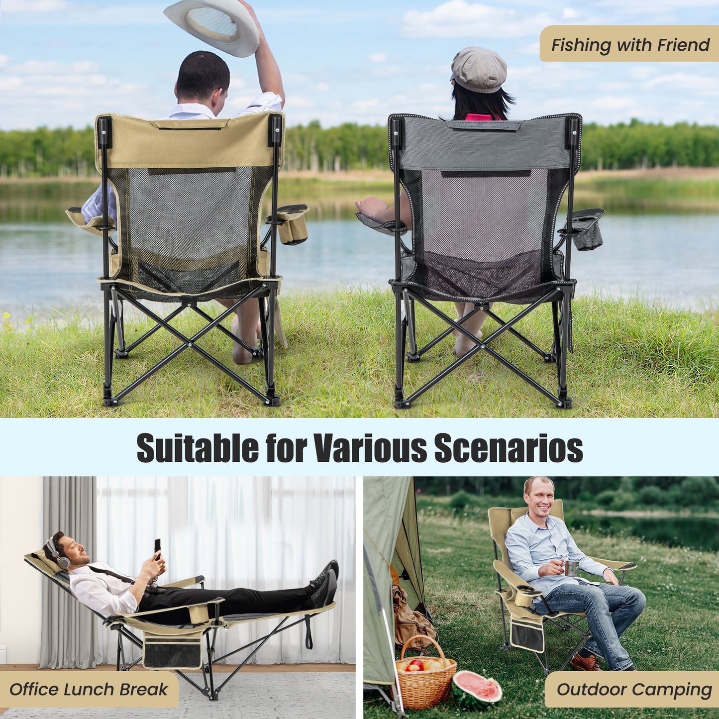 Camping Lounge Chair with Detachable Footrest Adjustable Backrest, Khaki