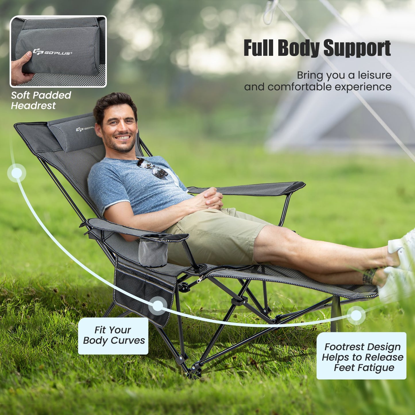 Camping Lounge Chair with Detachable Footrest Adjustable Backrest, Gray