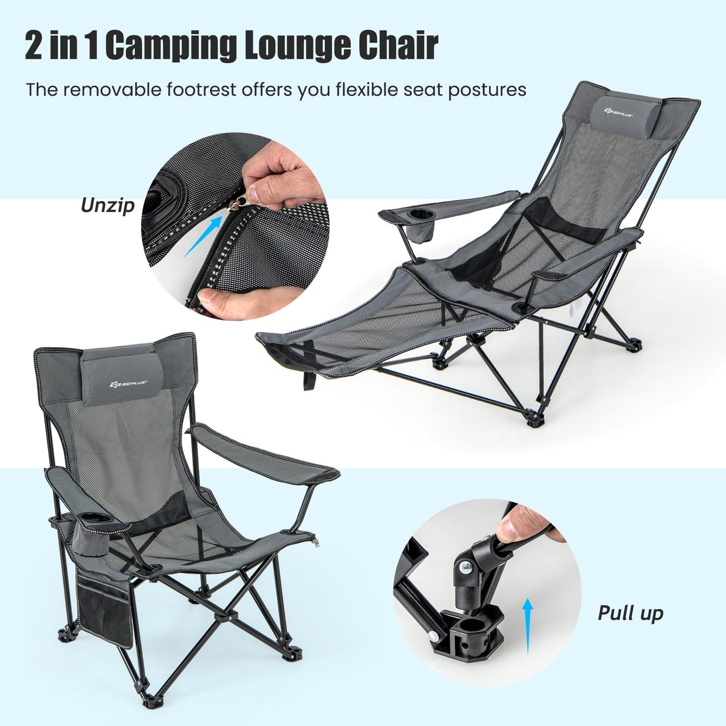 Camping Lounge Chair with Detachable Footrest Adjustable Backrest, Gray