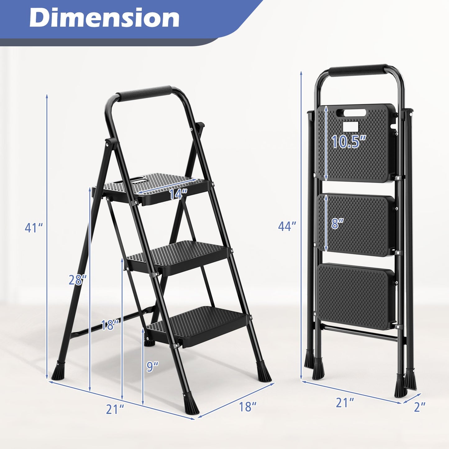 Portable Folding 3 Step Ladder with Wide Anti-Slip Pedal and Convenient Handle, Black