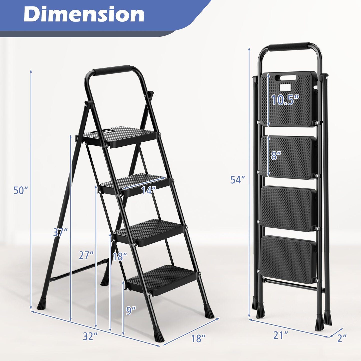 Portable Folding 4 Step Ladder Stool for Adults with Wide Anti-Slip Pedal, Black