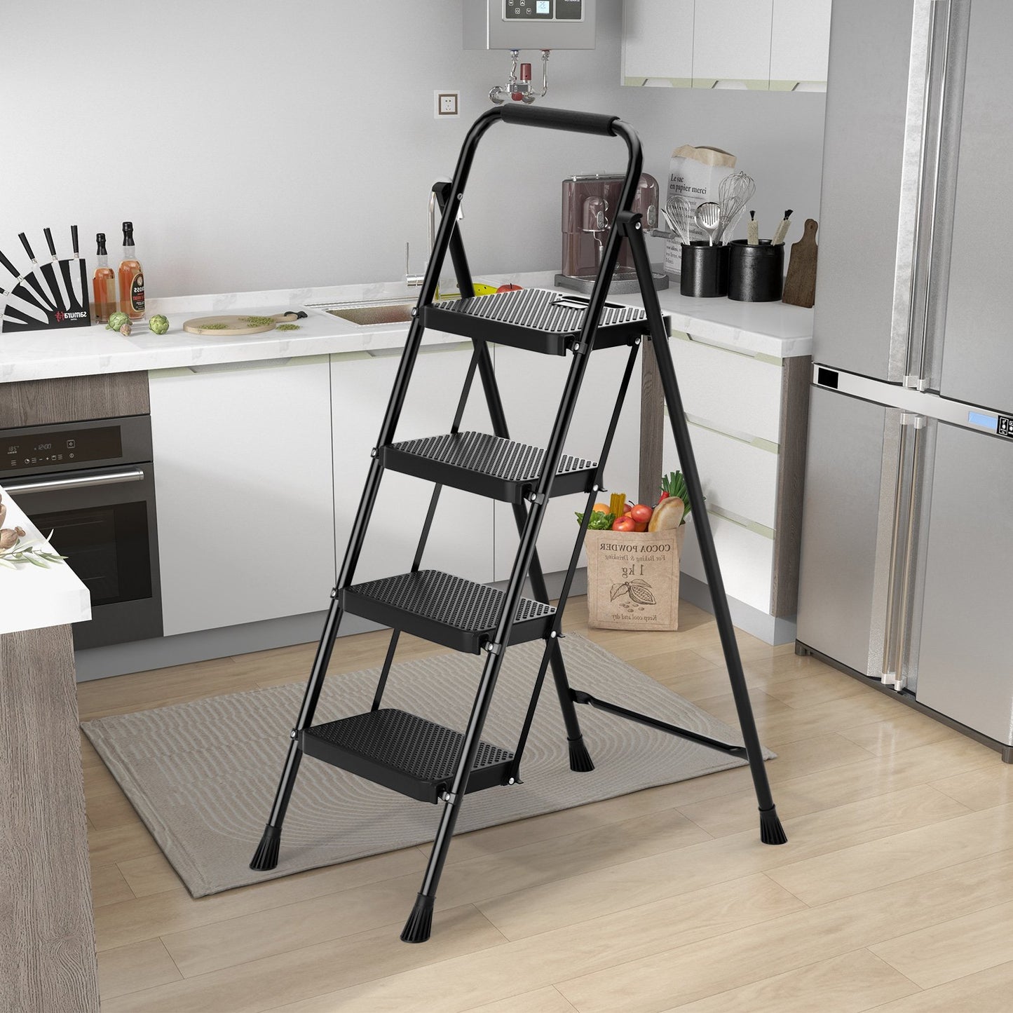 Portable Folding 4 Step Ladder Stool for Adults with Wide Anti-Slip Pedal, Black