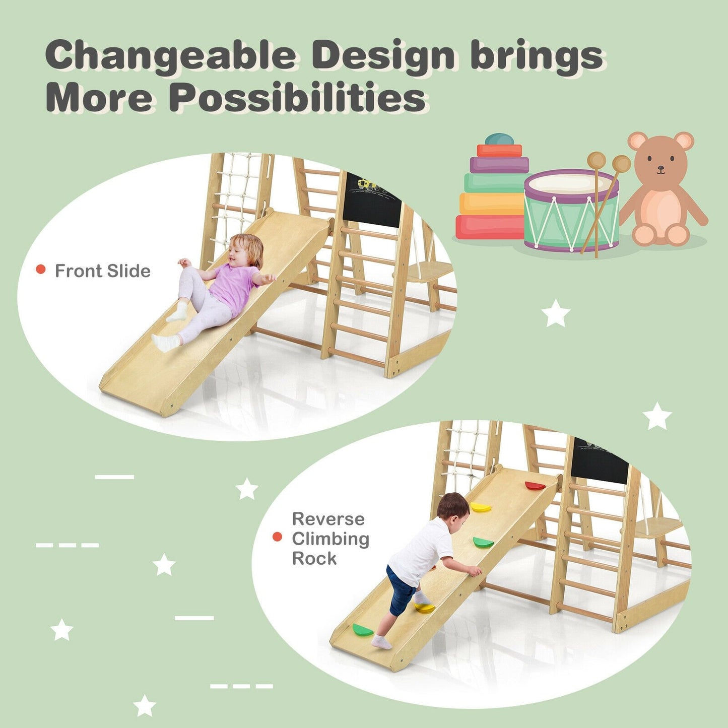 Indoor Playground Climbing Gym Wooden 8-in-1 Climber Playset for Children, Natural