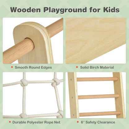 Indoor Playground Climbing Gym Wooden 8-in-1 Climber Playset for Children, Natural