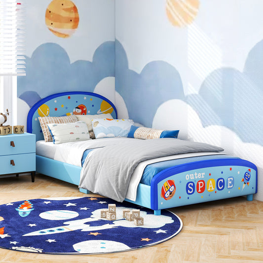 Wood Upholstered Twin Bed Platform with Slat Support, Blue Toddler Beds Blue at Gallery Canada