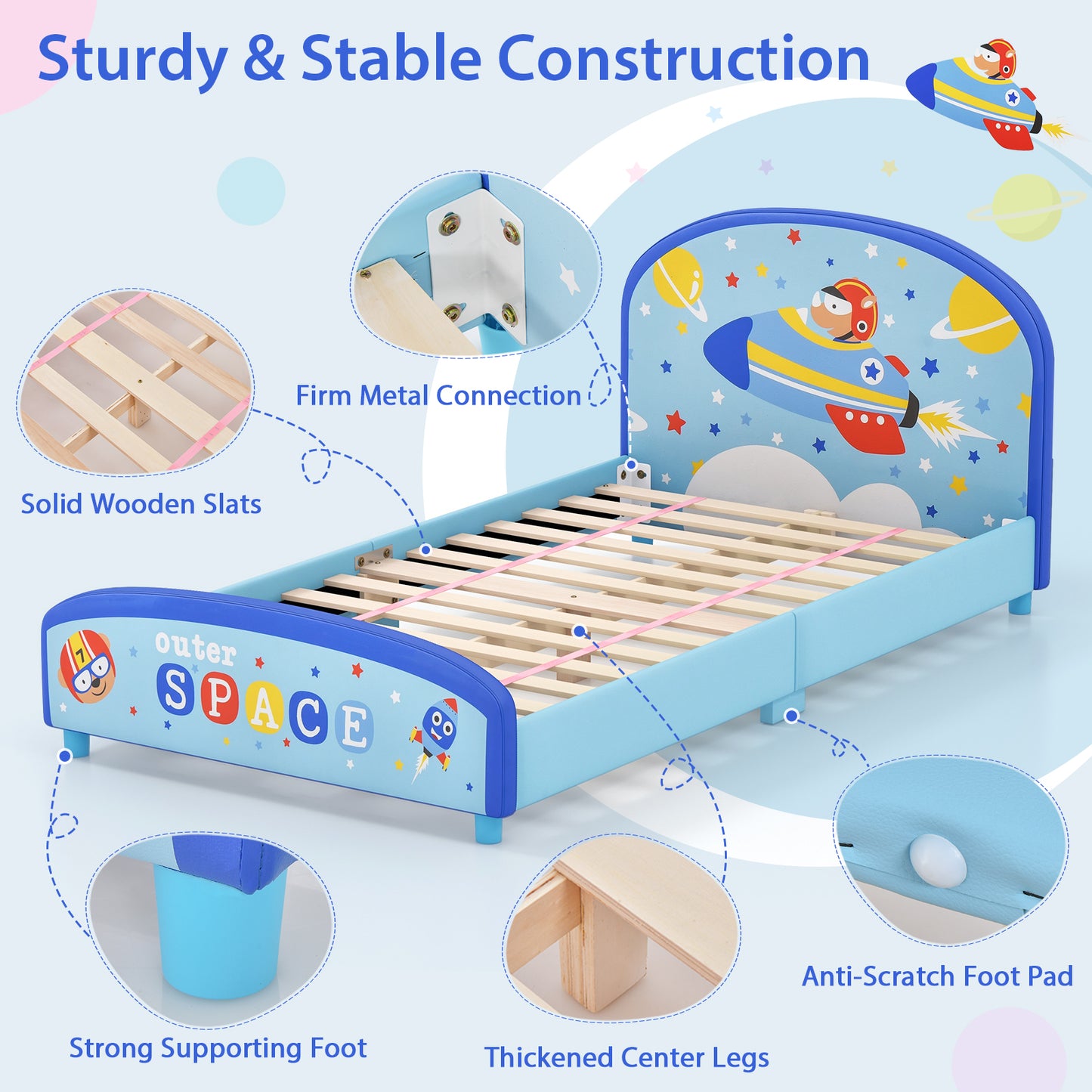 Wood Upholstered Twin Bed Platform with Slat Support, Blue Toddler Beds at Gallery Canada