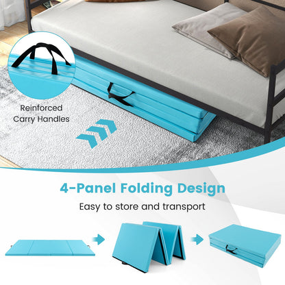 4-Panel PU Leather Folding Exercise Mat with Carrying Handles, Blue