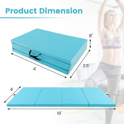 4-Panel PU Leather Folding Exercise Mat with Carrying Handles, Blue