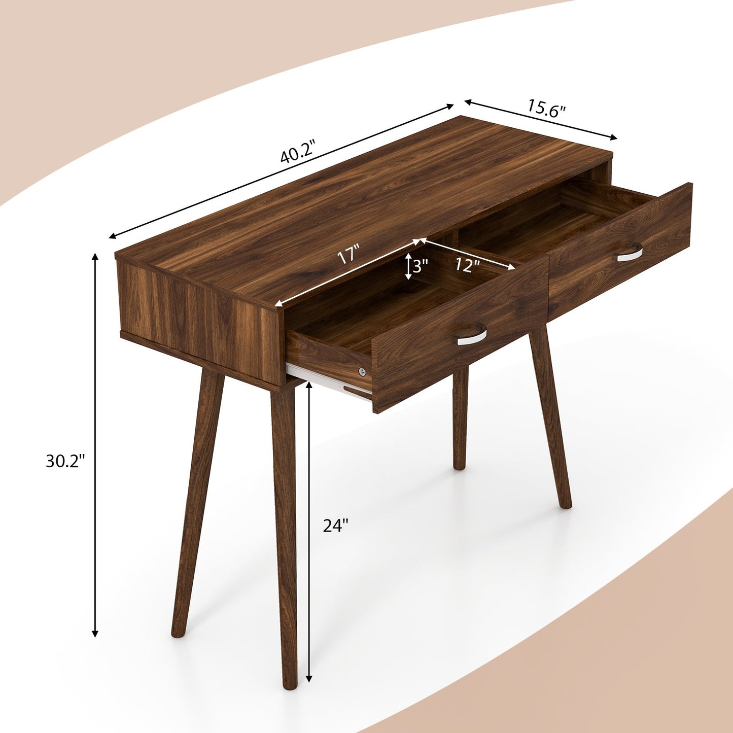 Writing Study Desk with Solid Rubber Wood Legs and Storage for Study Living Room Bedroom, Walnut