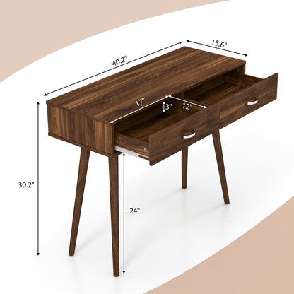 Writing Study Desk with Solid Rubber Wood Legs and Storage for Study Living Room Bedroom, Walnut