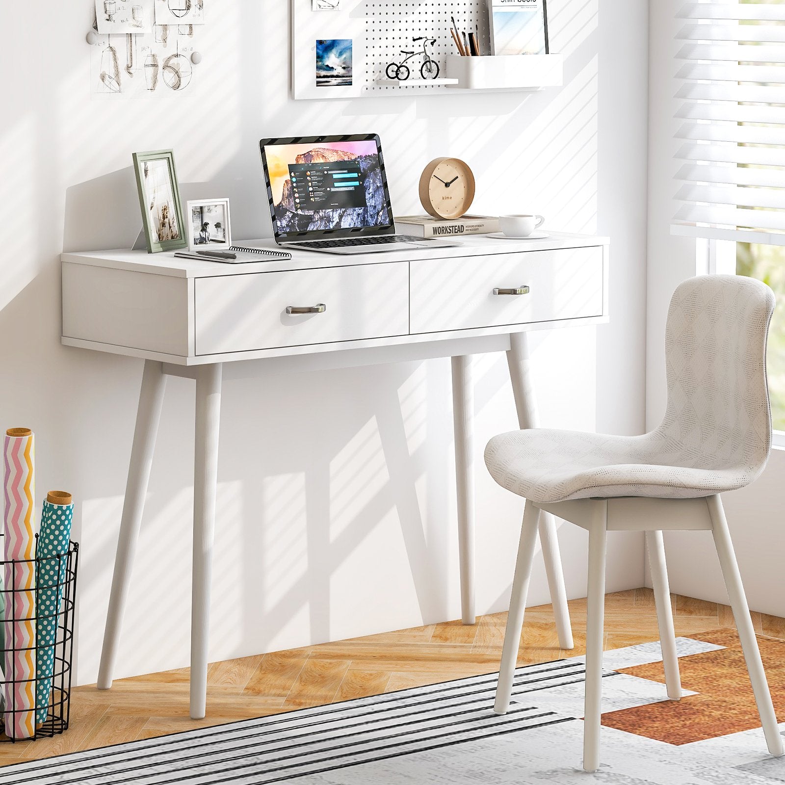 Writing Study Desk with Solid Rubber Wood Legs and Storage for Study Living Room Bedroom, White at Gallery Canada