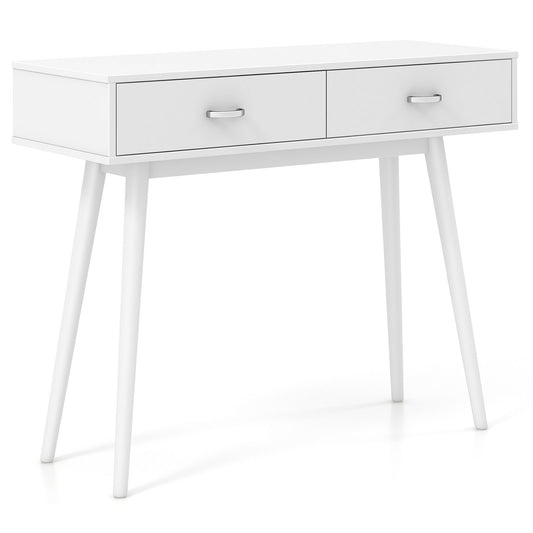 Writing Study Desk with Solid Rubber Wood Legs and Storage for Study Living Room Bedroom, White