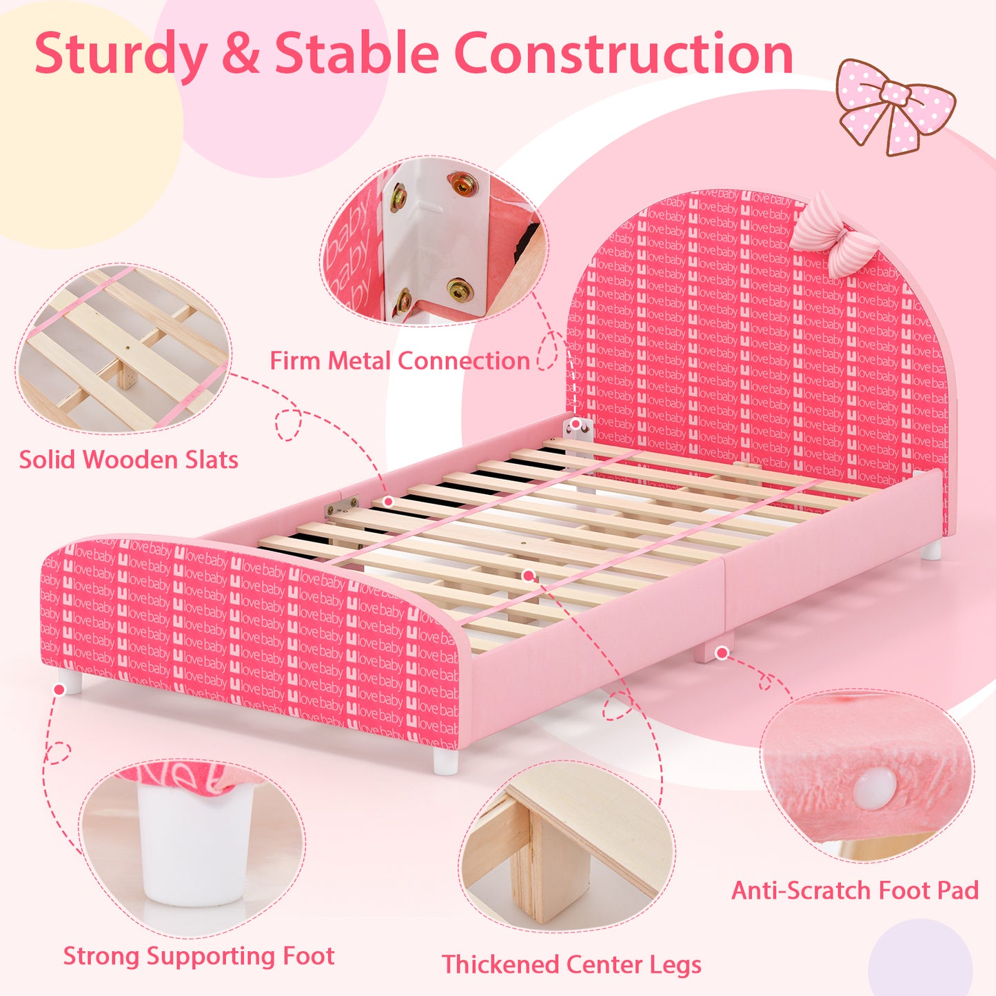 Wood Upholstered Twin Bed Platform, Slat Support, Pink Toddler Beds at Gallery Canada
