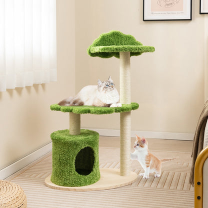 38 Inch Cute Cat Tree for Indoor Cats with Fully Wrapped Sisal Scratching Posts, Green