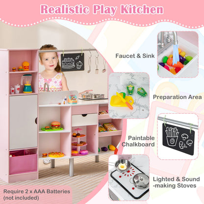 2-in-1 Double-sided Kids Kitchen and Market with Realistic Light and Sound, Pink