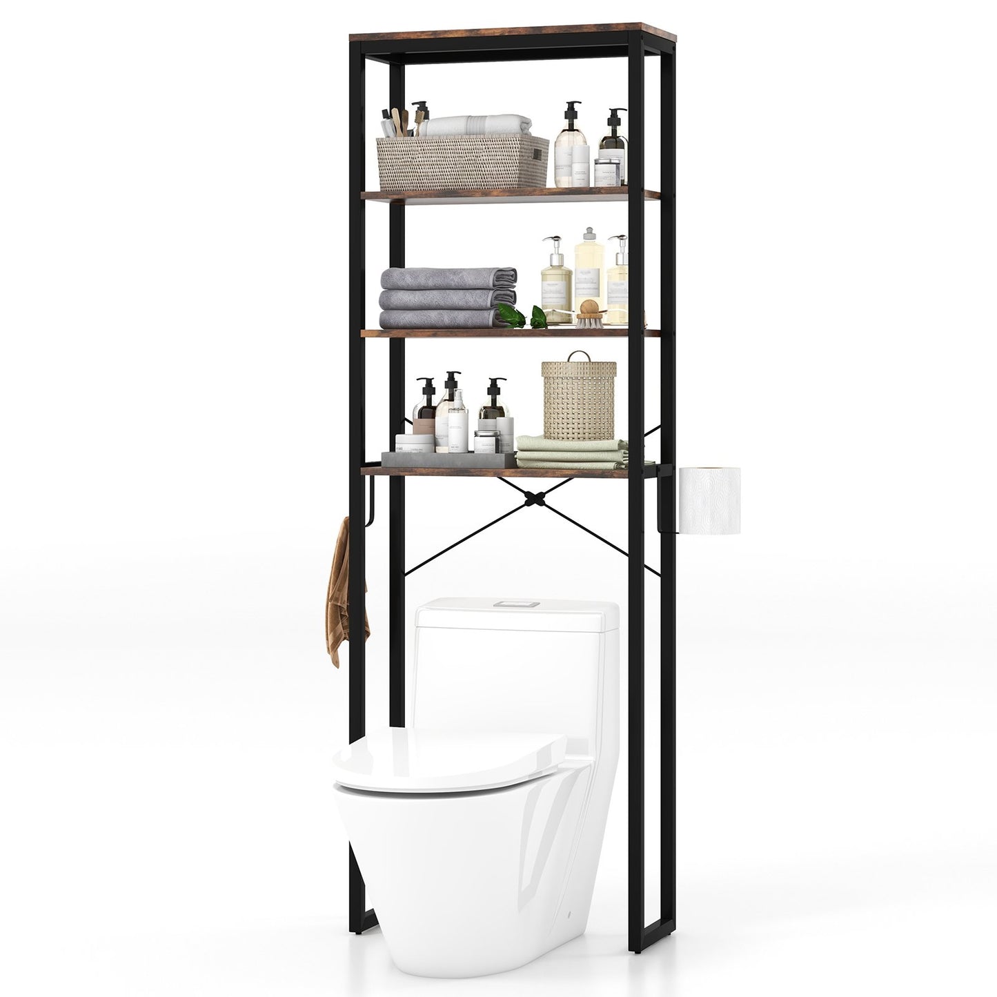 4-Tier Adjustable Bathroom Metal Storage Rack, Rustic Brown