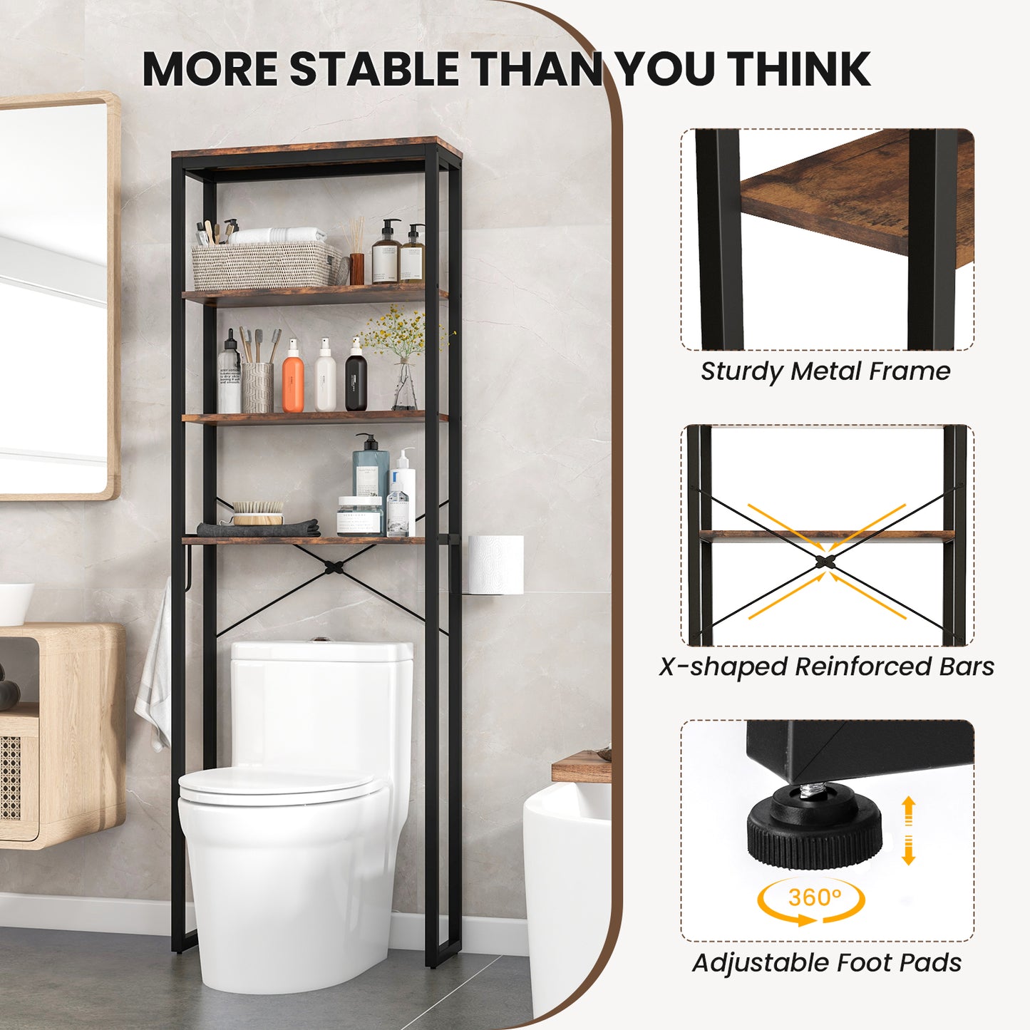 4-Tier Adjustable Metal Storage Rack, Rustic Brown Bathroom Etagere at Gallery Canada