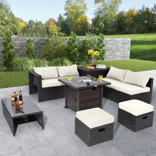 9 Piece Patio Furniture Set, 32” Fire Pit Table, White