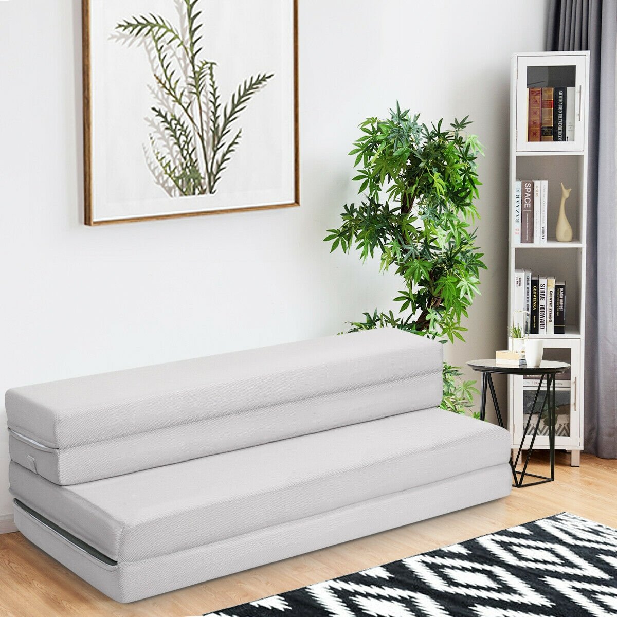 4 Inch Folding Sofa Bed Foam Mattress with Handles-Queen Size, Gray at Gallery Canada