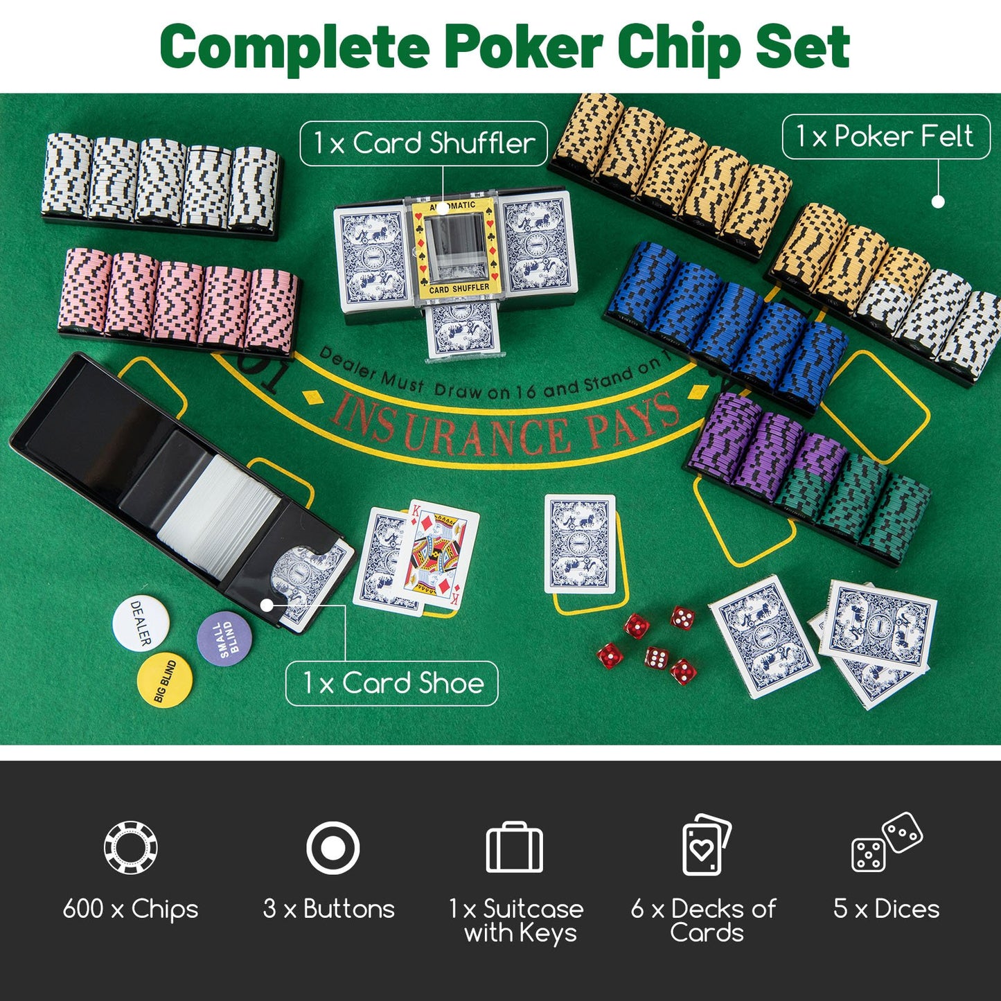 600-Piece Poker Chip Set 14 Gram Claytec Chips with Carrying Case, Black