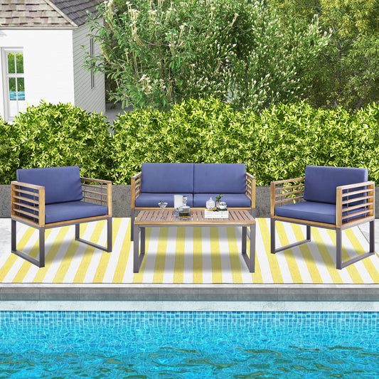 4 Piece Patio Acacia Wood Conversation Set with Soft Seat, Navy Patio Furniture Sets Navy at Gallery Canada