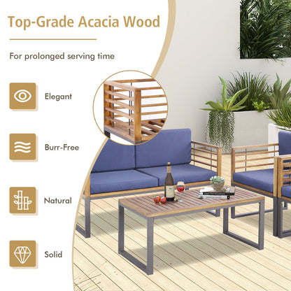4 Piece Patio Acacia Wood Conversation Set with Soft Seat, Navy