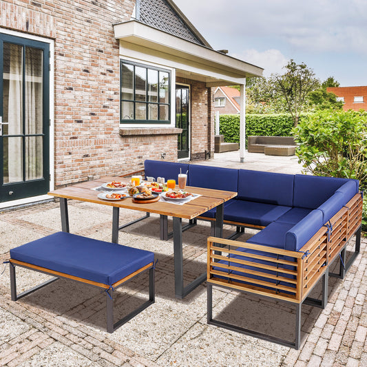 8 Pieces Patio Acacia Wood Dining Table Set with Ottoman Cushions, Navy Patio Dining Sets Navy at Gallery Canada