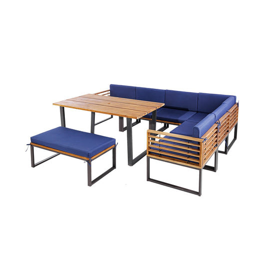 8 Pieces Patio Acacia Wood Dining Table Set with Ottoman Cushions, Navy