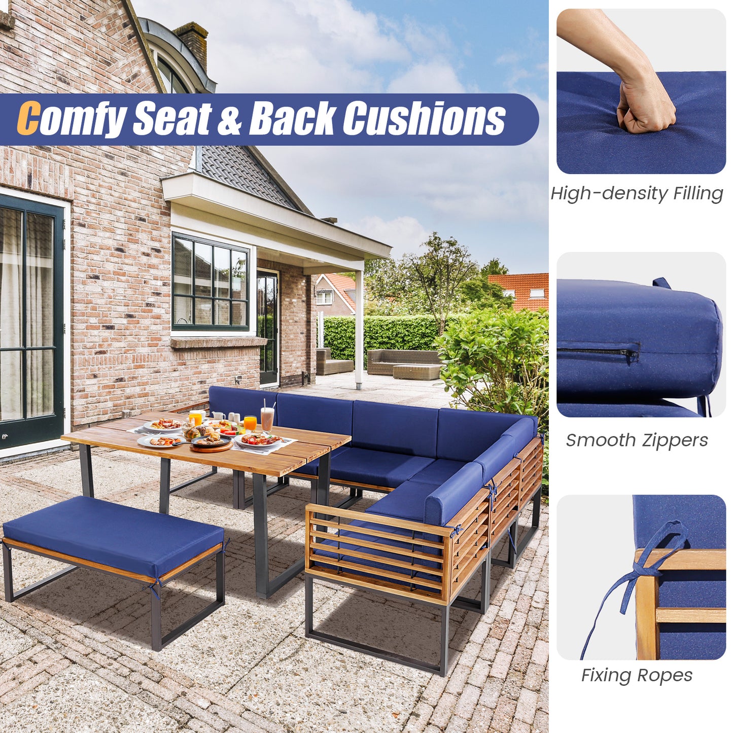 8 Pieces Patio Acacia Wood Dining Table Set with Ottoman Cushions, Navy Patio Dining Sets at Gallery Canada